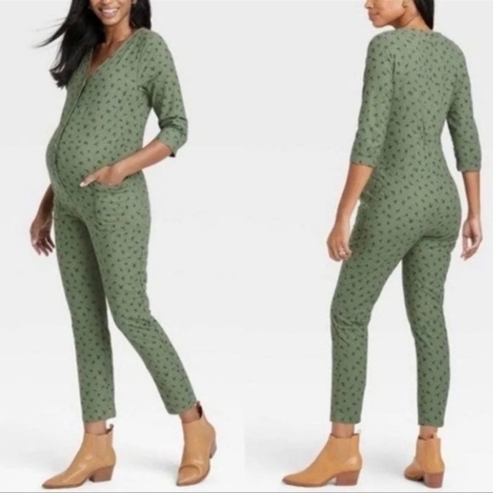 THE Nines by HATCH Maternity 3/4 Sleeve Olive Floral Green Jumpsuit Size XXL